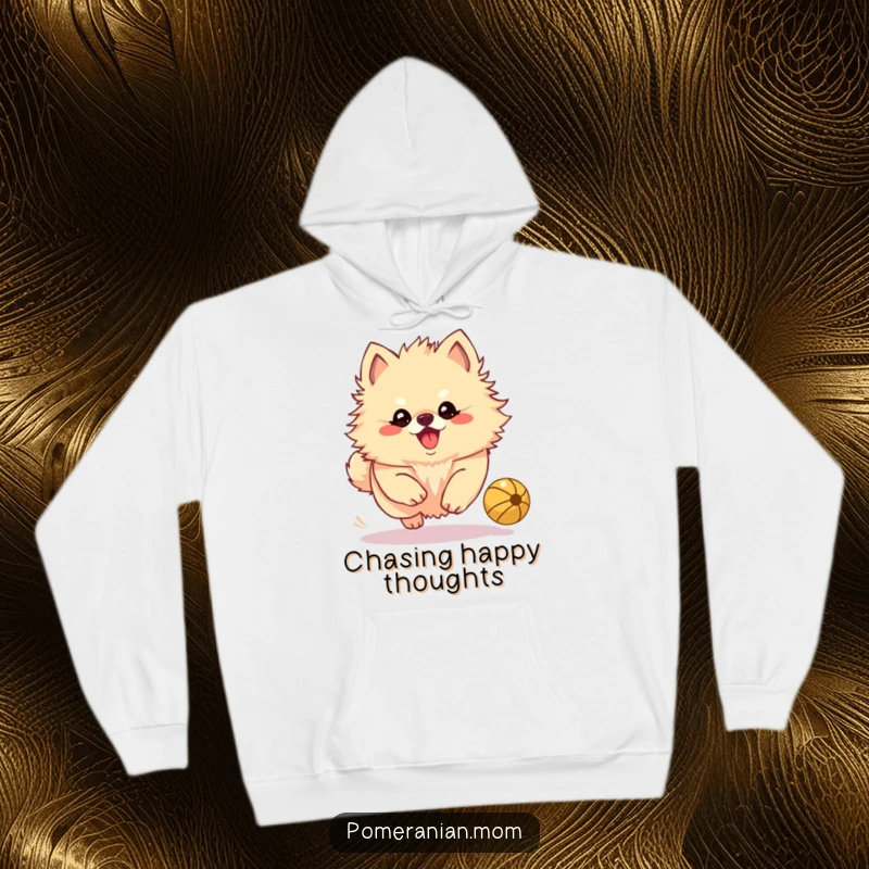 Funny Kawaii Pomeranian, focused on a bouncing ball with a playful yap, perfect for cozying up after play.