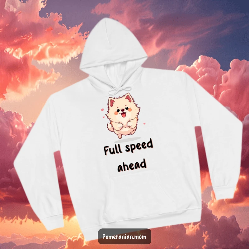 Funny Pomeranian hoodie with a design of a small dog energetically bounding with impressive flair and infectious enthusiasm.