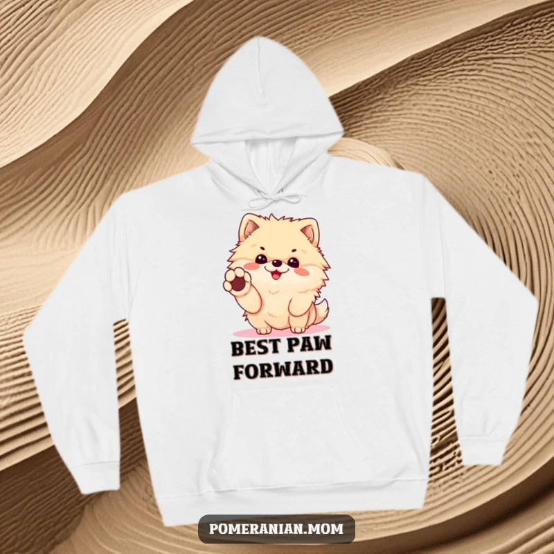 Funny Kawaii Pomeranian Hoodie: Cheerful dog offering a tiny paw for a handshake, exuding warmth and playful humor.