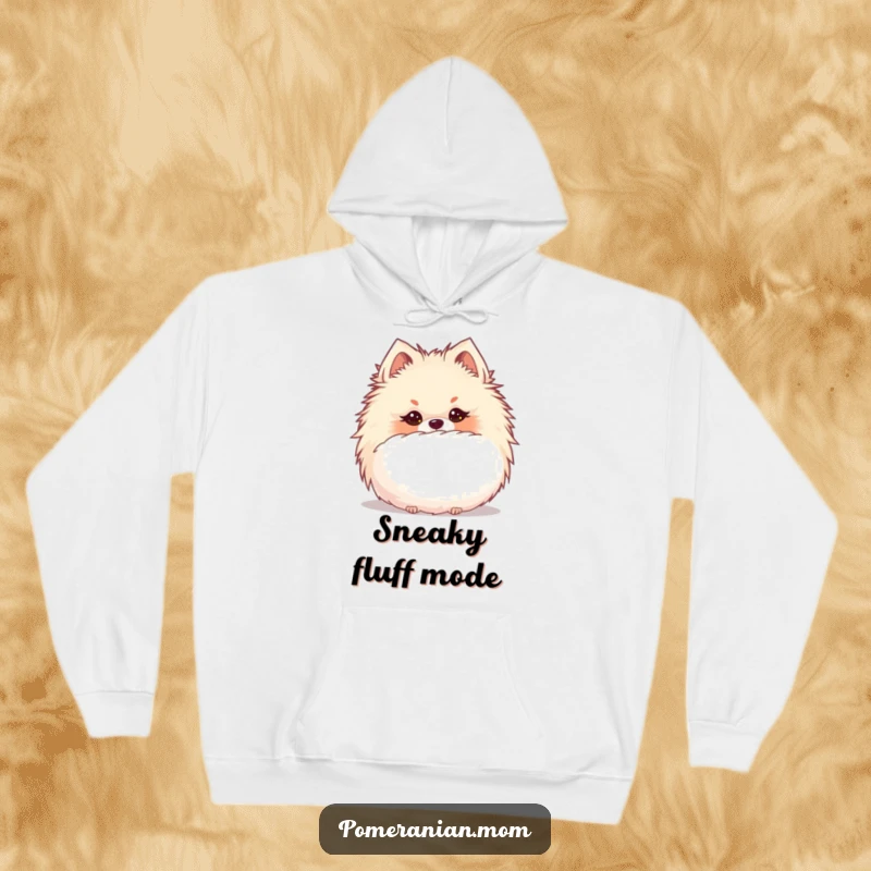 Funny Kawaii Pomeranian with a mischievous glint, hiding behind a giant puffball, perfect for cozy, secretive comfort.