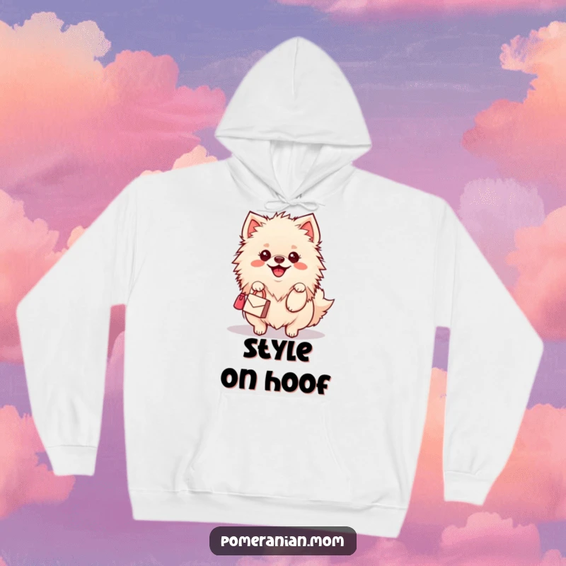 Funny Kawaii Pomeranian Hoodie: An adorable dog with a happy wiggle carries a miniature handbag, offering cozy style and humor.