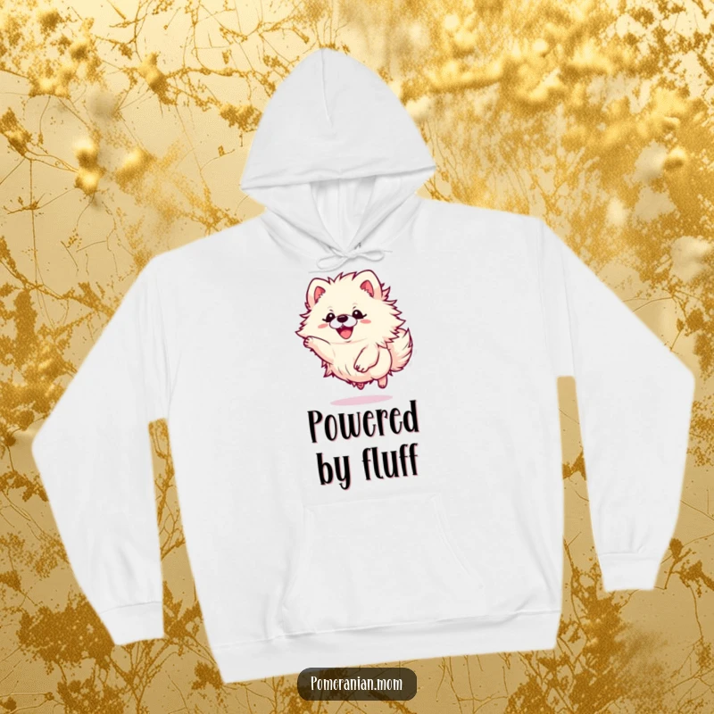 Funny Kawaii Pomeranian hoodie showcasing a small dog in a dynamic leap, embodying a fluffy bundle of boundless energy.