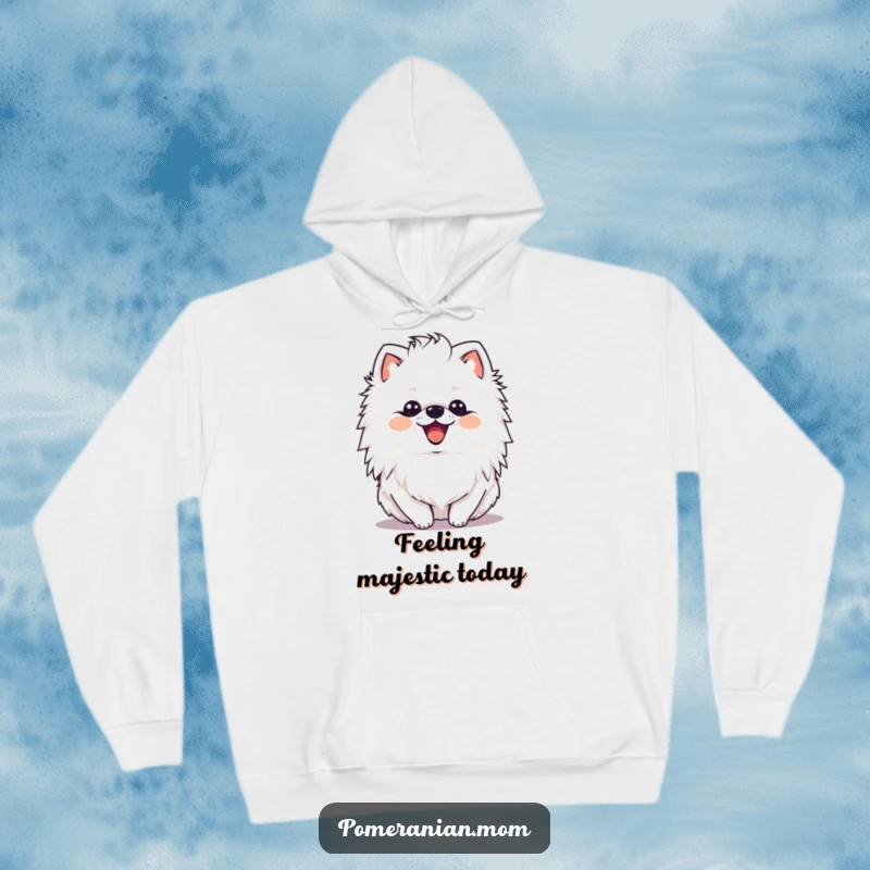 Funny kawaii Pomeranian with a delighted expression shaking its mane on this cozy hoodie, emanating happiness and confidence.