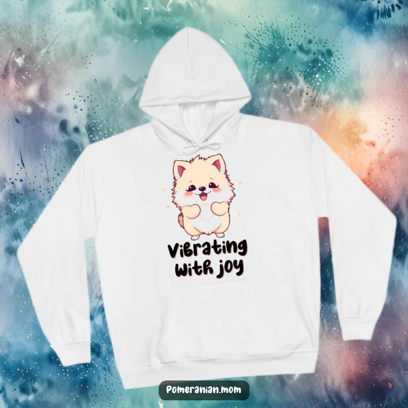 Funny Kawaii Pomeranian Hoodie: A fluffy, cute dog vibrating with excitement as it shakes its body, perfect for cozy fun.