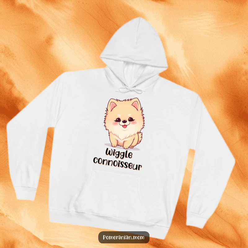 Funny Kawaii Pomeranian hoodie showing a small dog intently sniffing with a happy tail wiggle, perfect for cozy days.