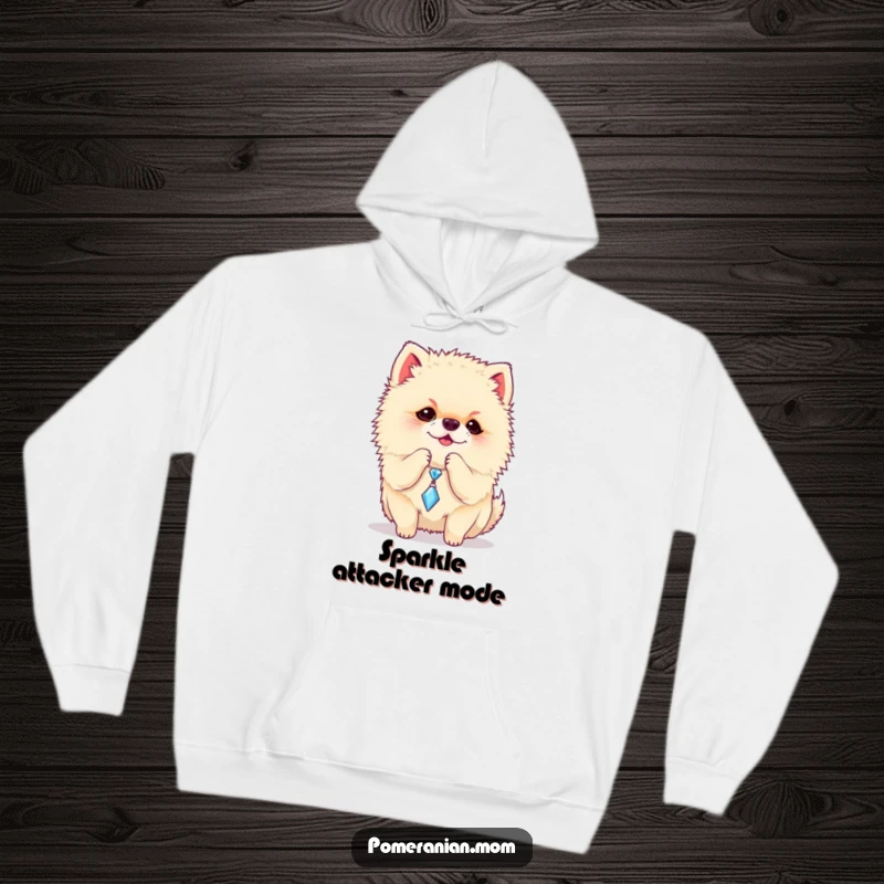 Funny Pomeranian hoodie depicting a dog batting at a sparkly charm, offering a warm, humorous, and playful design.
