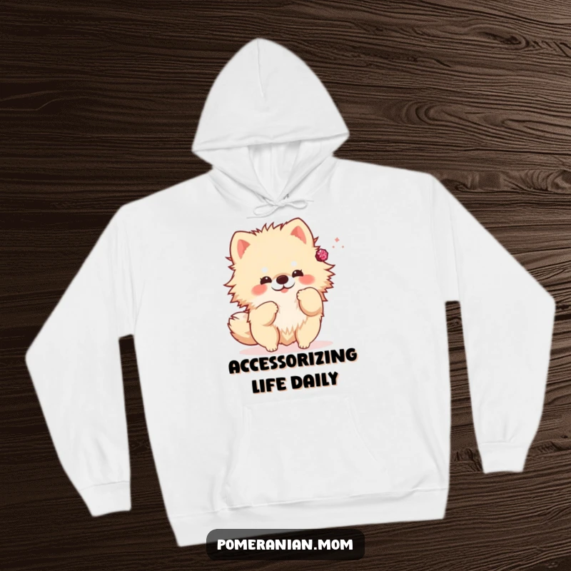 Funny kawaii Pomeranian hoodie, a cozy hoodie featuring a cute dog playfully tossing a sparkly accessory. Stylish and warm.