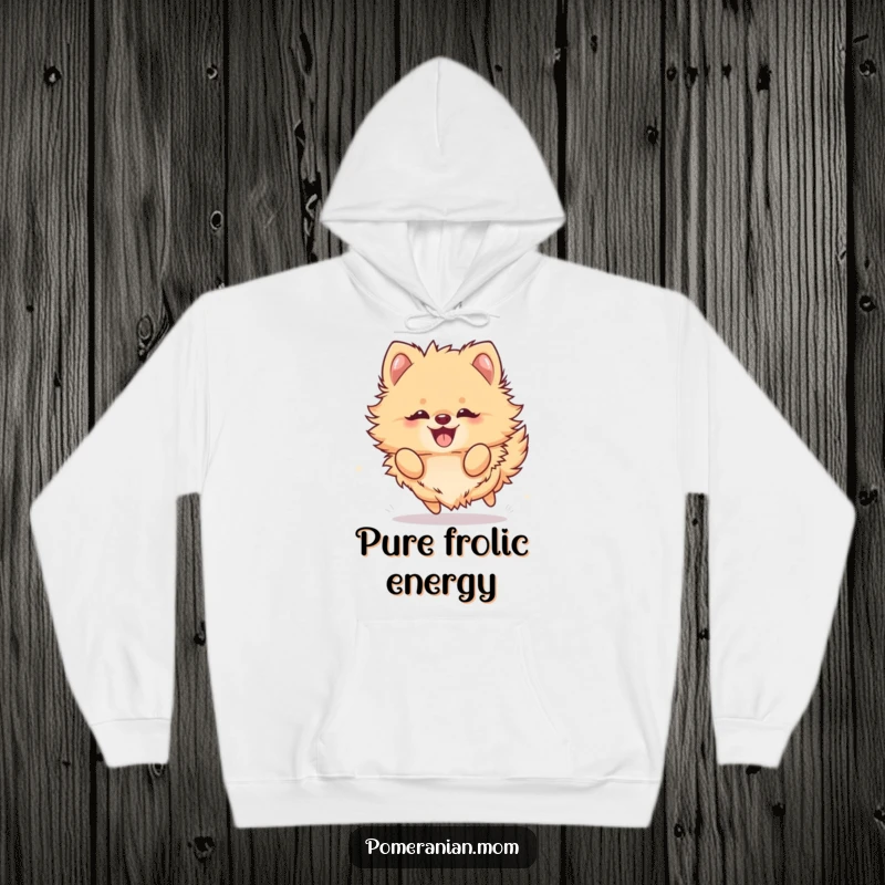 Funny Kawaii Pomeranian Hoodie: A fluffy dog frolicking with sheer joy, showcasing ultimate canine happiness.