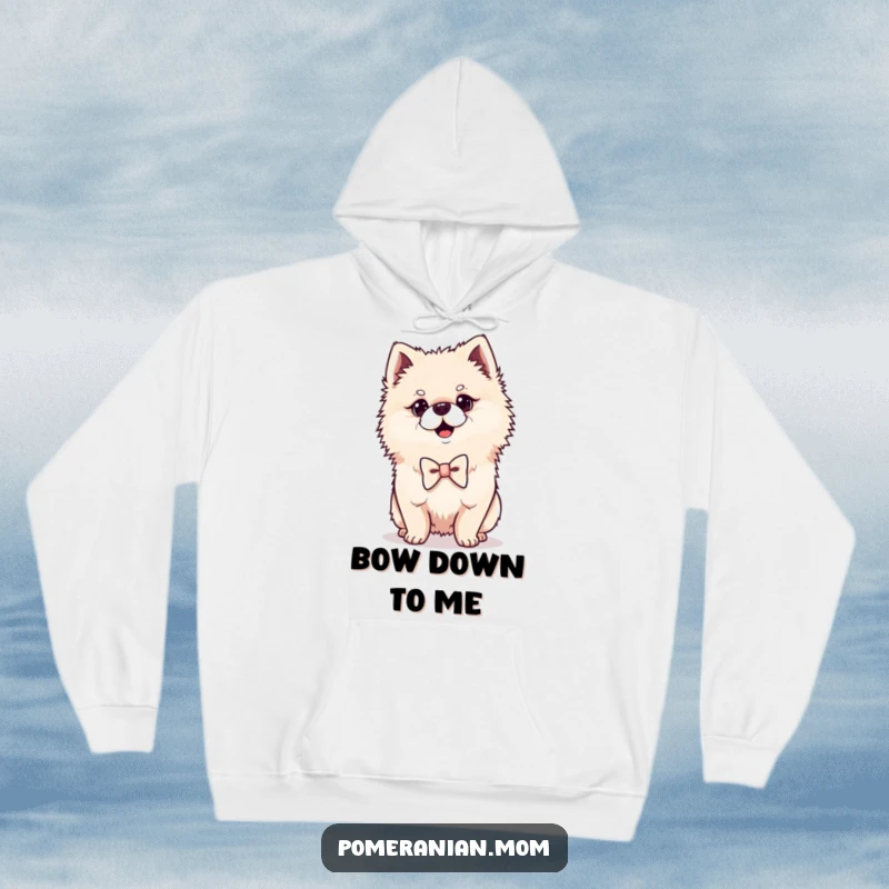 Funny Kawaii Pomeranian hoodie, featuring a proud dog in a tiny bowtie, cozy and stylish.