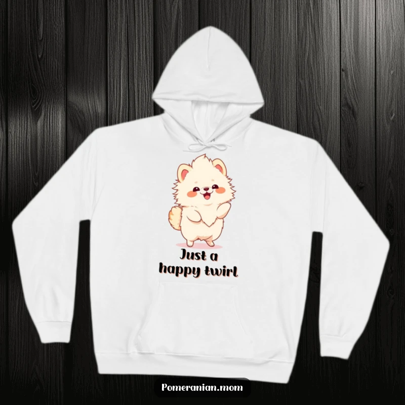 Funny Kawaii Pomeranian hoodie, featuring a fluffy dog doing a delightful twirl, cozy and humorous.