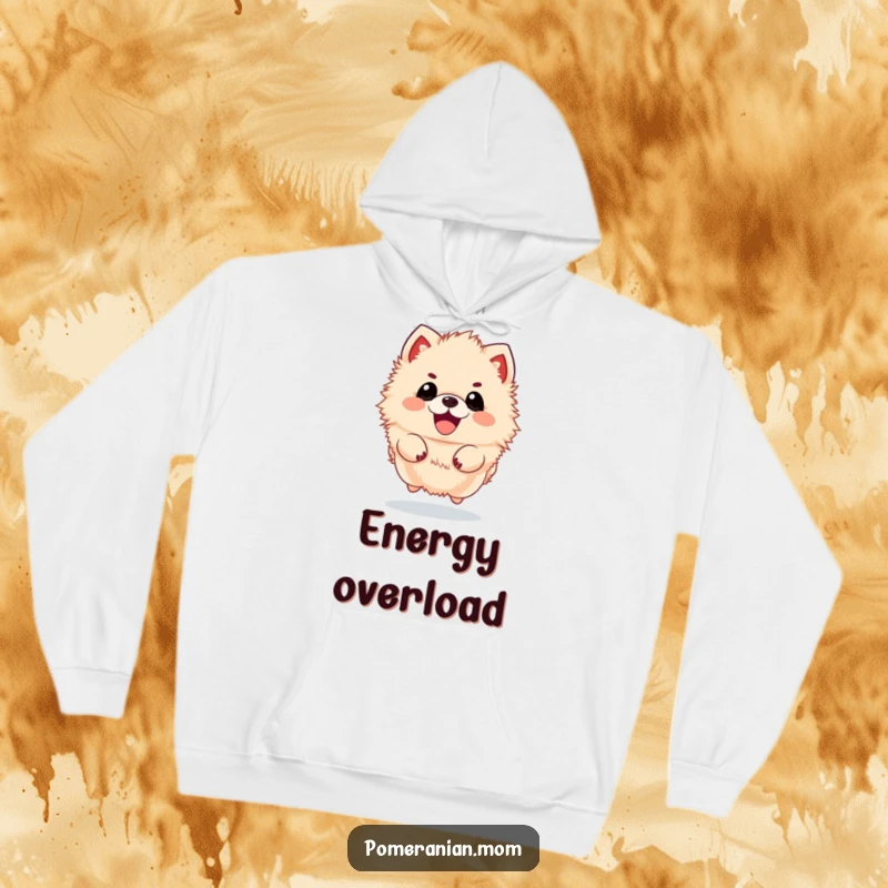 Funny kawaii Pomeranian hoodie, showing a fluffy dog leaping with pure, unadulterated joy. Ideal for cozy, happy days.