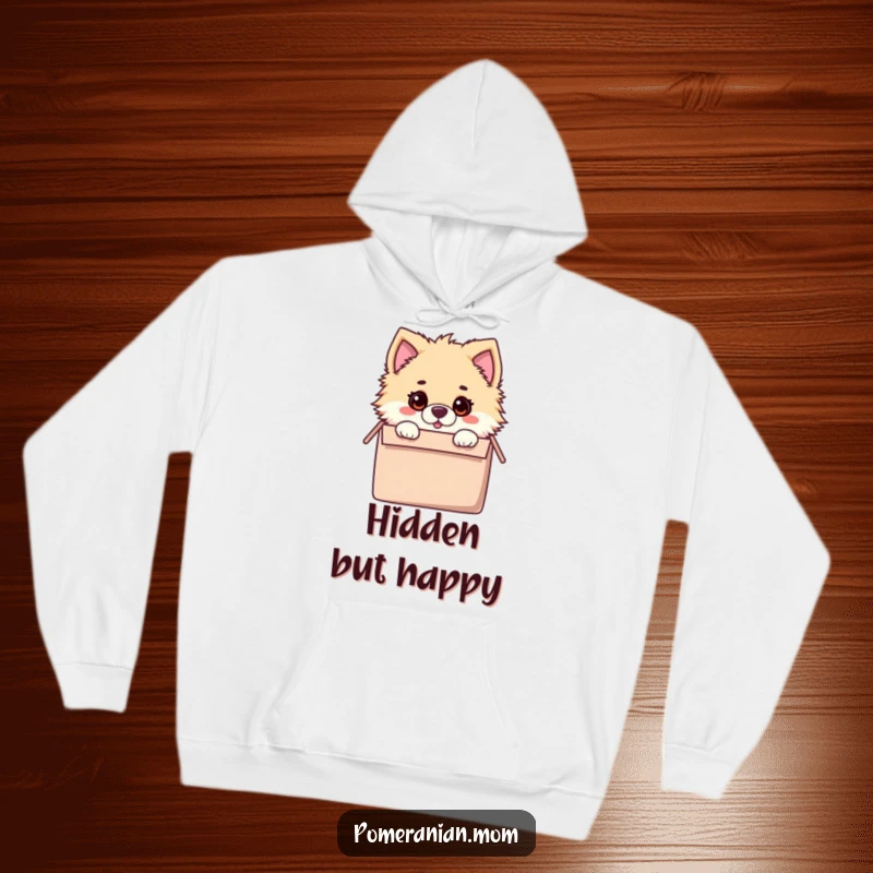 Funny hoodie depicting a kawaii Pomeranian with a surprised expression, peeking from inside a toy box, ready for fun.
