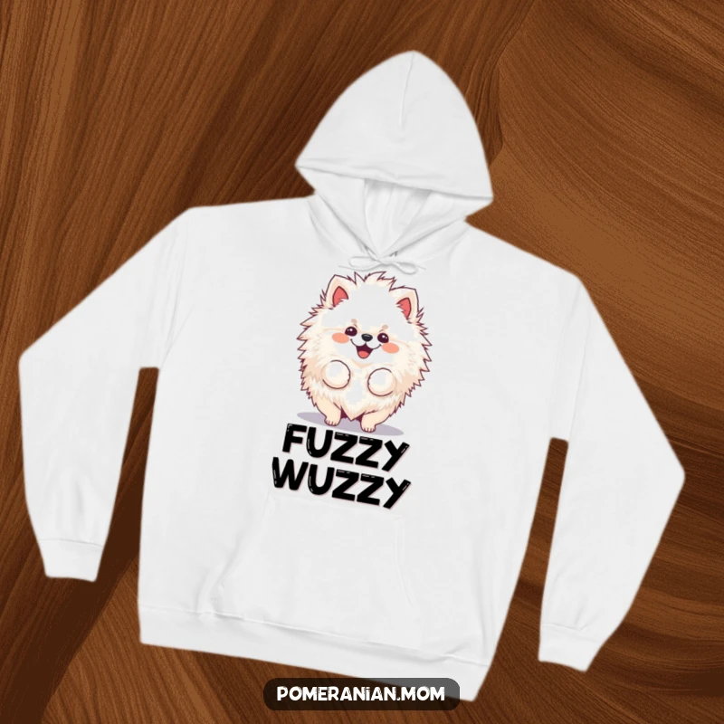Funny, fluffy Pomeranian hoodie with a cheerful dog joyfully shaking its voluminous fur.