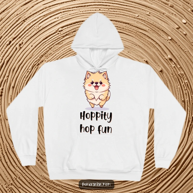 Funny Pomeranian Hoodie showcasing a kawaii Pomeranian character in a playful, bouncy hop.