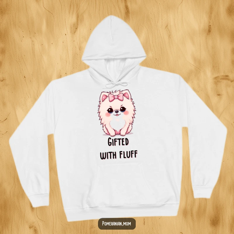 Funny Kawaii Pomeranian hoodie with a small dog presenting a tiny, sparkly bow, radiating warmth and charm.