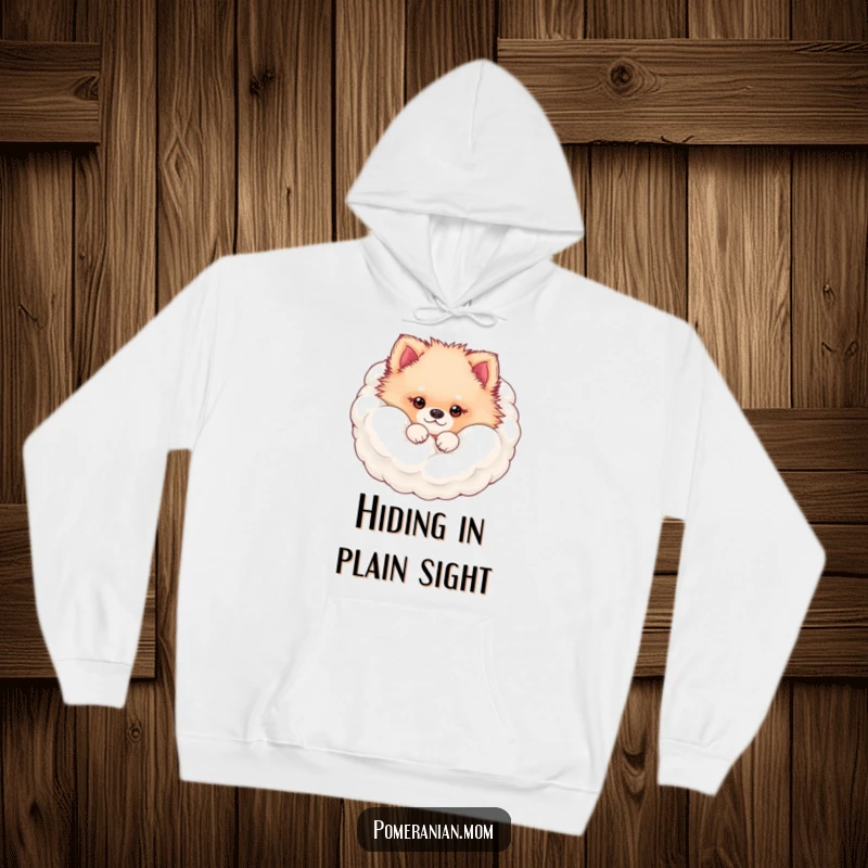Funny kawaii Pomeranian peeking from its fluffy fur cloud hoodie, showcasing ultimate fluffiness and cozy comfort, a warm gift.