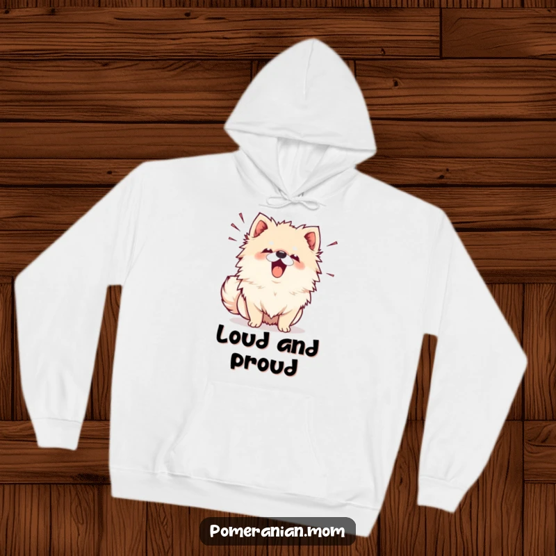 Funny Kawaii Pomeranian Hoodie: A cute dog barking enthusiastically with sound lines, designed for cozy fun and funny greetings.