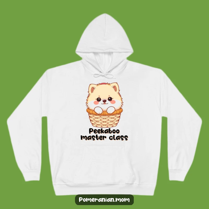 Cozy Funny Kawaii Pomeranian Hoodie: Cute Dog Peeking Basket, Perfect Warm Gift
