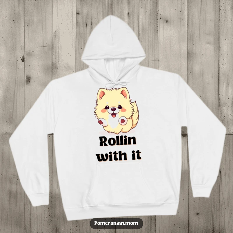 Funny Kawaii Pomeranian Hoodie: A fluffy dog rolling with pure delight, showcasing ultimate canine happiness.