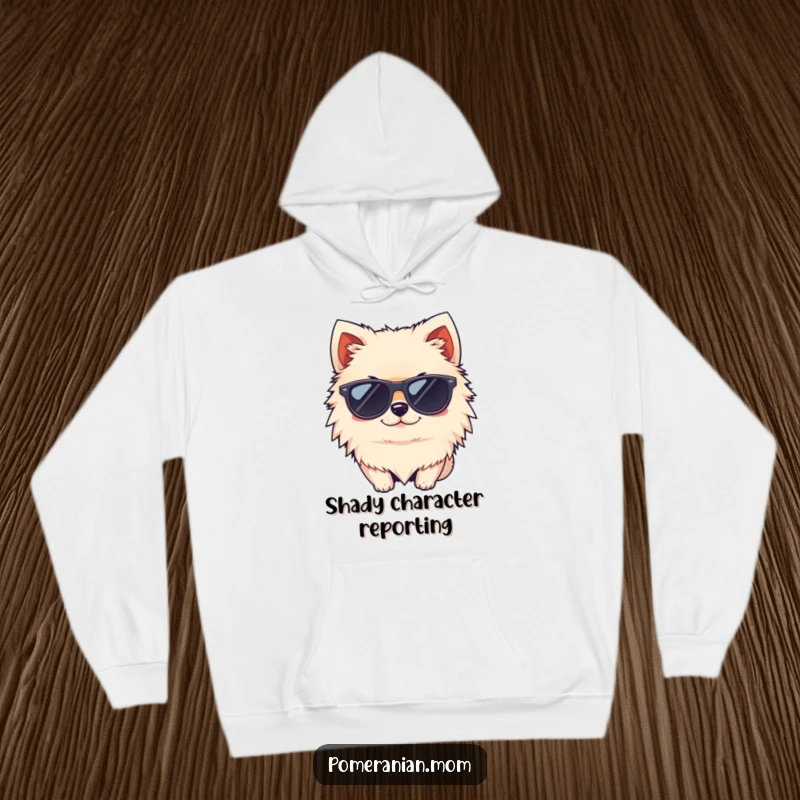 Funny kawaii Pomeranian wearing tiny sunglasses and winking hoodie, showcasing cool street style and playful attitude, a cozy gift.