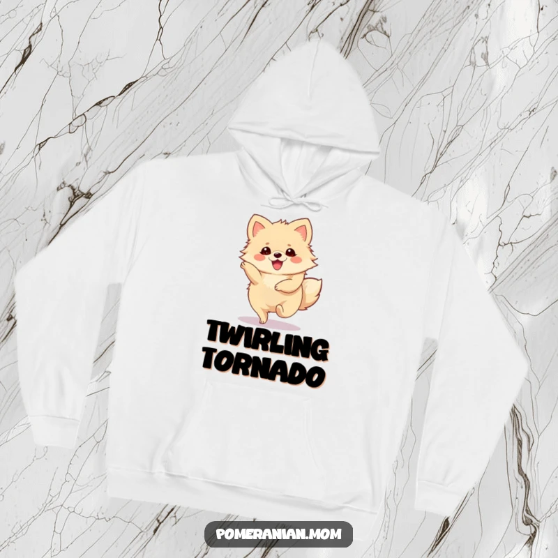 Funny Pomeranian Hoodie showcasing a cute Pomeranian character in a joyous, spinning twirl.