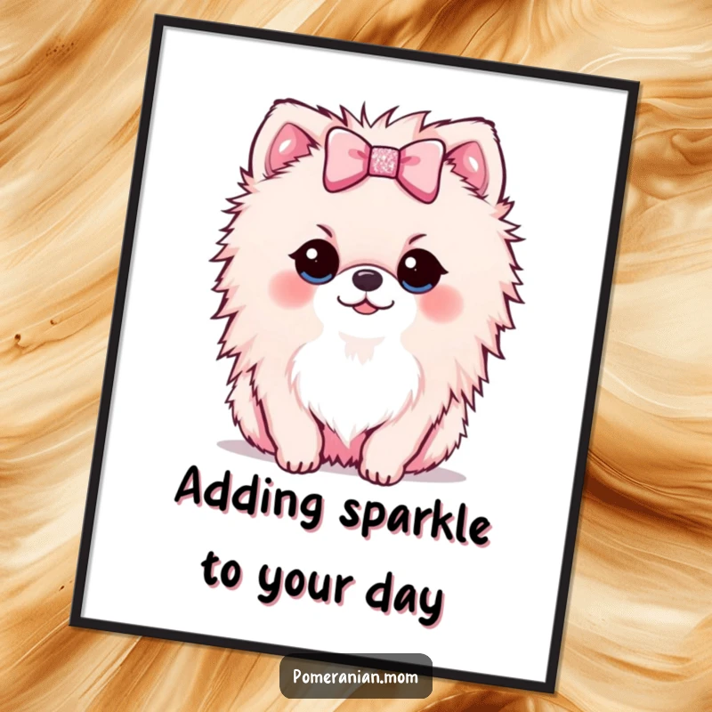 Funny Free Printable Wall Art: A kawaii Pomeranian puppy holding out a tiny, sparkly bow with endearing charm.