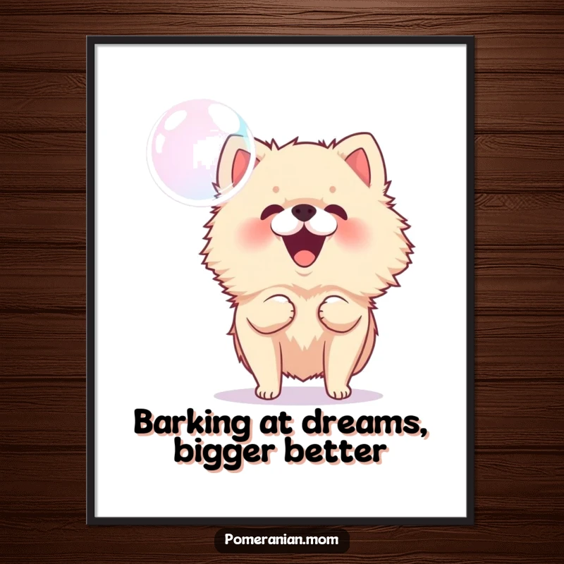 Funny Free Printable Wall Art: An energetic Pomeranian joyfully barking upwards at a floating iridescent bubble.