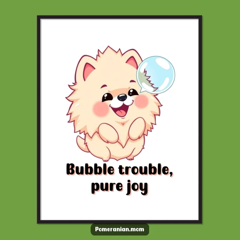 Free Printable Wall Art: Kawaii Pomeranian Barking at Bubble, Funny Dog Downloadable Art