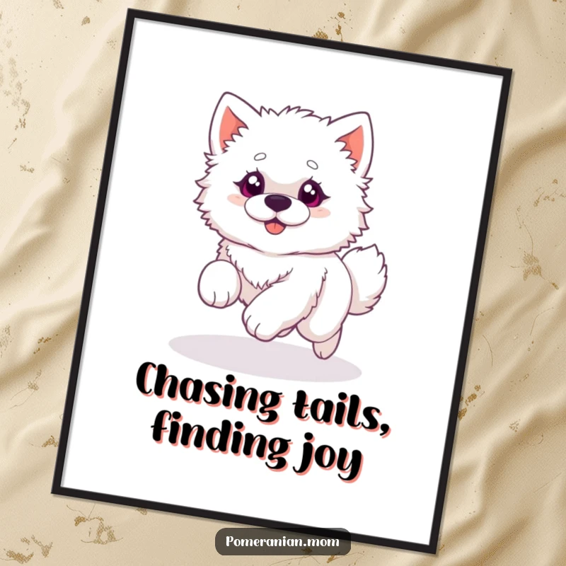 Funny Free Printable Wall Art: Fluffy white dog with bright, wide eyes caught in a perpetual, playful chase of its own tail in a dynamic circle.