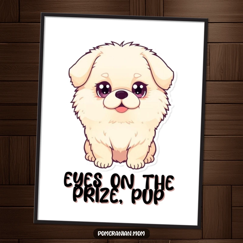 Funny free printable wall art of a fluffy dog with massive, sparkling, captivating eyes looking at you.