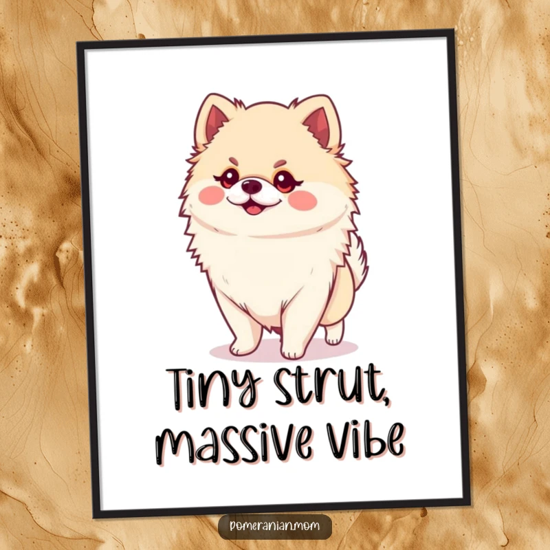 Free Printable Wall Art: A miniature Kawaii Pomeranian confidently struts, radiating a personality far larger than its size.