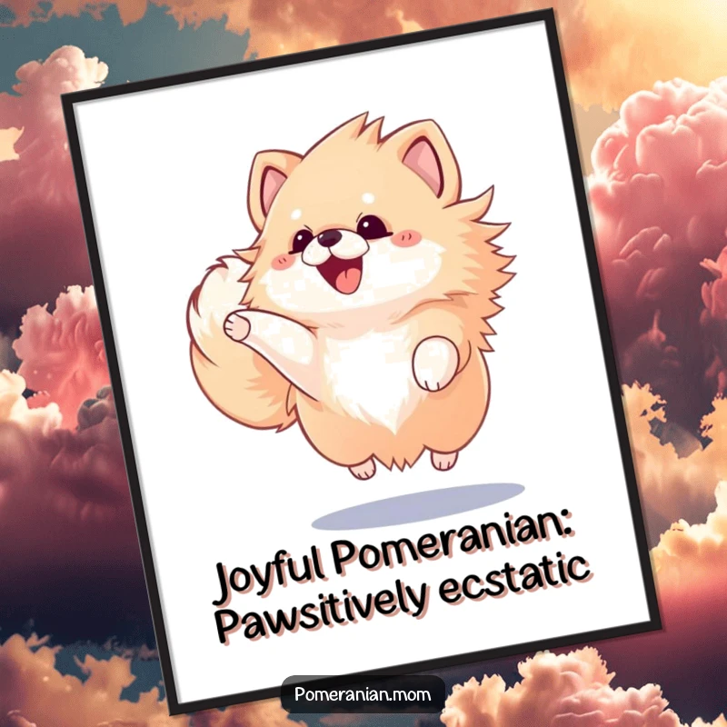 Funny Free Printable Wall Art: Kawaii Pomeranian with fluffy tail wagging furiously, jumping for joy, full of energy.
