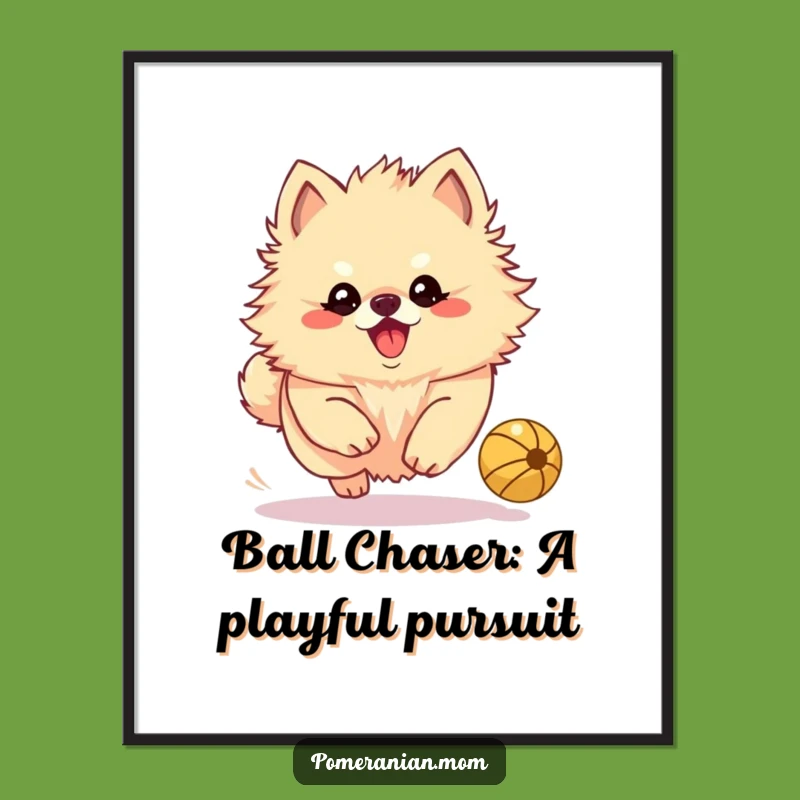 Free Printable Kawaii Pomeranian Wall Art: Playful Dog Ball Chase Downloadable Decor