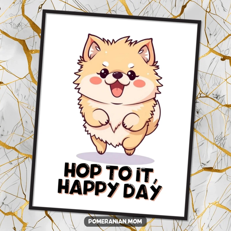 Funny Free Printable Pomeranian Wall Art: A kawaii Pomeranian character doing a funny, bouncy hop with enthusiasm.