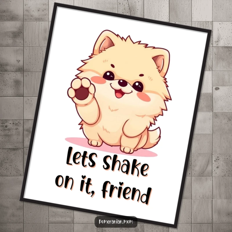 Funny Free Printable Wall Art: A cheerful Kawaii Pomeranian offering a tiny paw for a handshake, radiating friendliness and warmth.