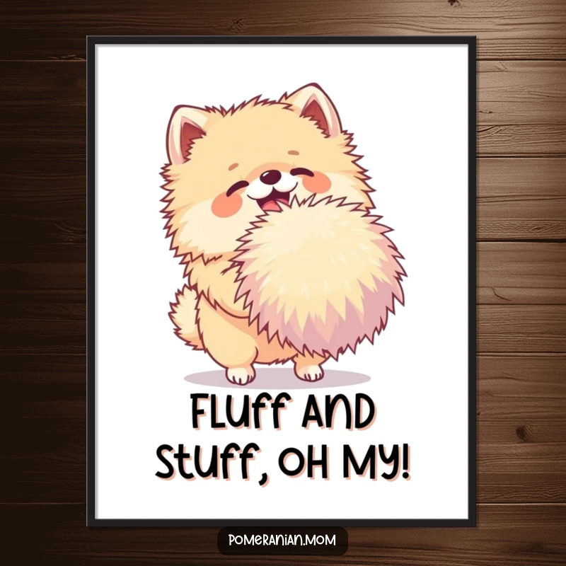 Funny free printable wall art showing a joyful Pomeranian shaking a very large, fluffy pom-pom with excitement.