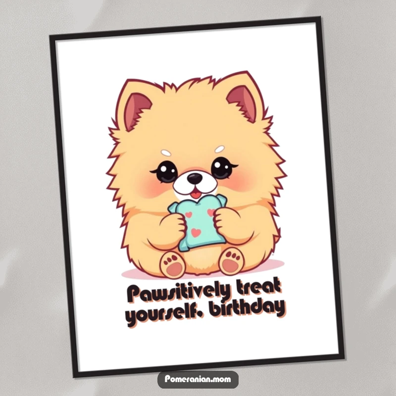 Funny Free Printable Wall Art: Kawaii Pomeranian delicately holding a tiny, precious treat in its paws, a picture of contentment.