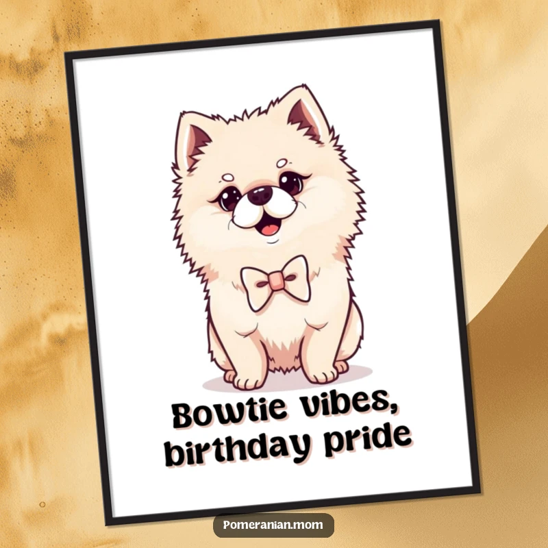 Funny Free Printable Wall Art: Kawaii Pomeranian in a tiny bowtie, striking a proud, elegant, and distinguished pose.