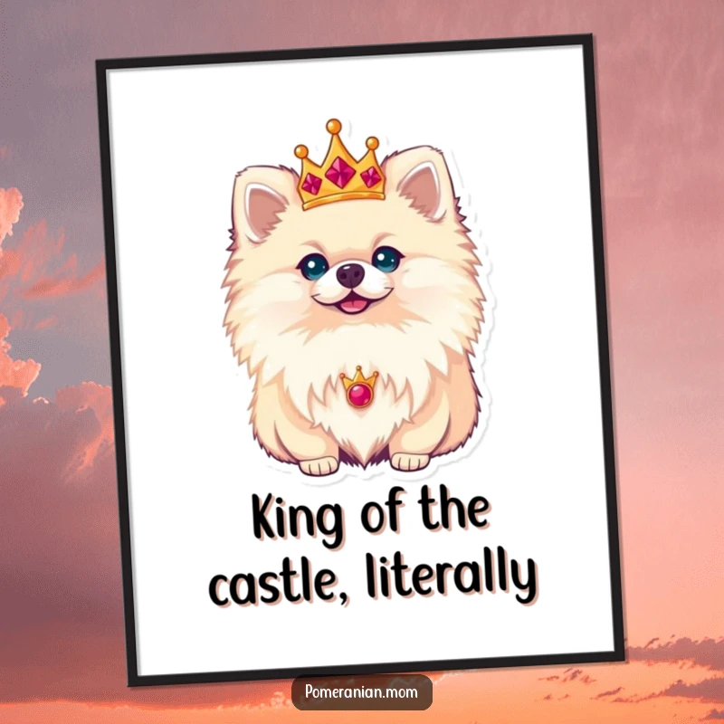 Funny Free Printable Wall Art: A dapper Pomeranian sits proudly, wearing a miniature crown with an air of supreme command.