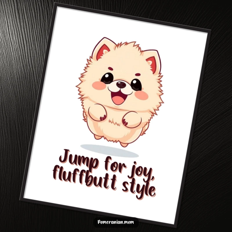 Funny Free Printable Wall Art: A fluffy kawaii pomeranian captured mid-leap, radiating pure, uncontainable excitement.