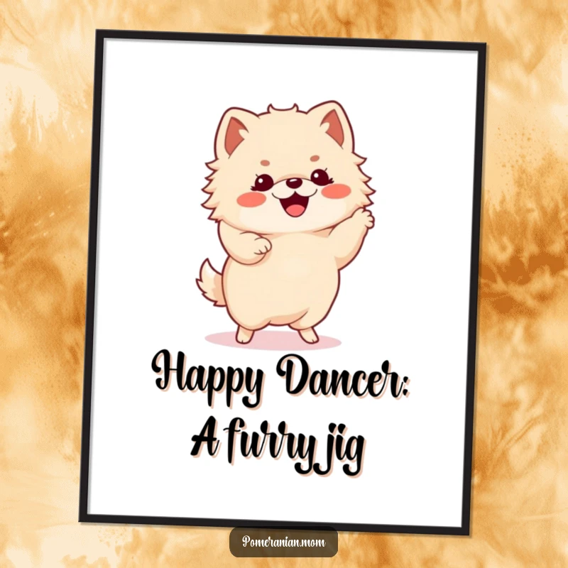 Funny Free Printable Wall Art: Kawaii Pomeranian with tiny paws, doing an energetic happy dance, full of rhythm.