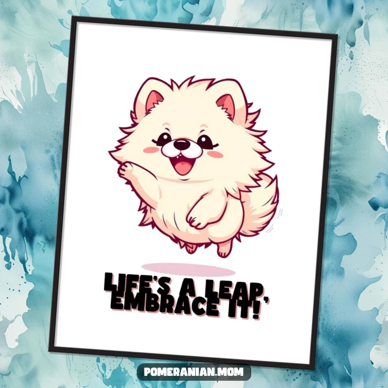 Funny Free Printable Wall Art: A kawaii Pomeranian with a fluffy bundle of energy, captured mid-leap with infectious excitement.
