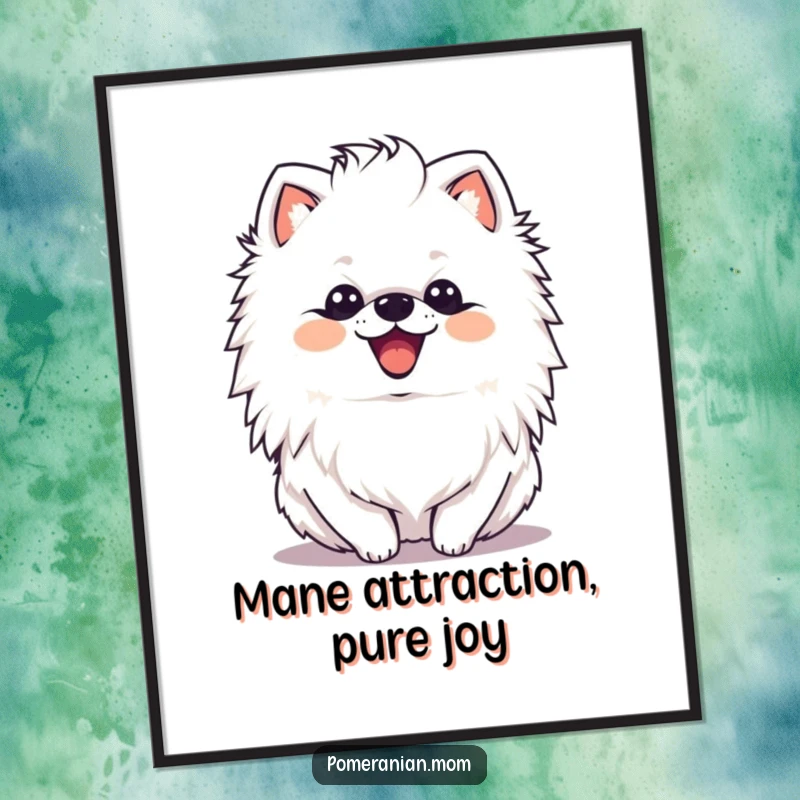 Funny Free Printable Wall Art of a kawaii Pomeranian with a delighted expression, shaking its mane and radiating pure happiness.