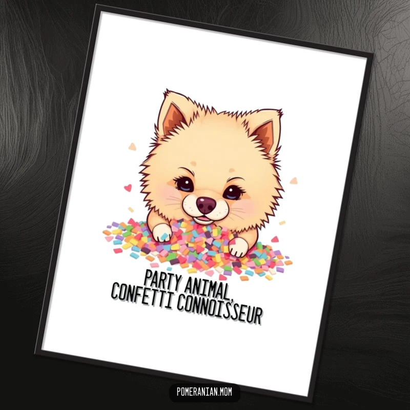 Funny Free Printable Wall Art: A playful Pomeranian having a blast, nose-deep in a colorful explosion of confetti.