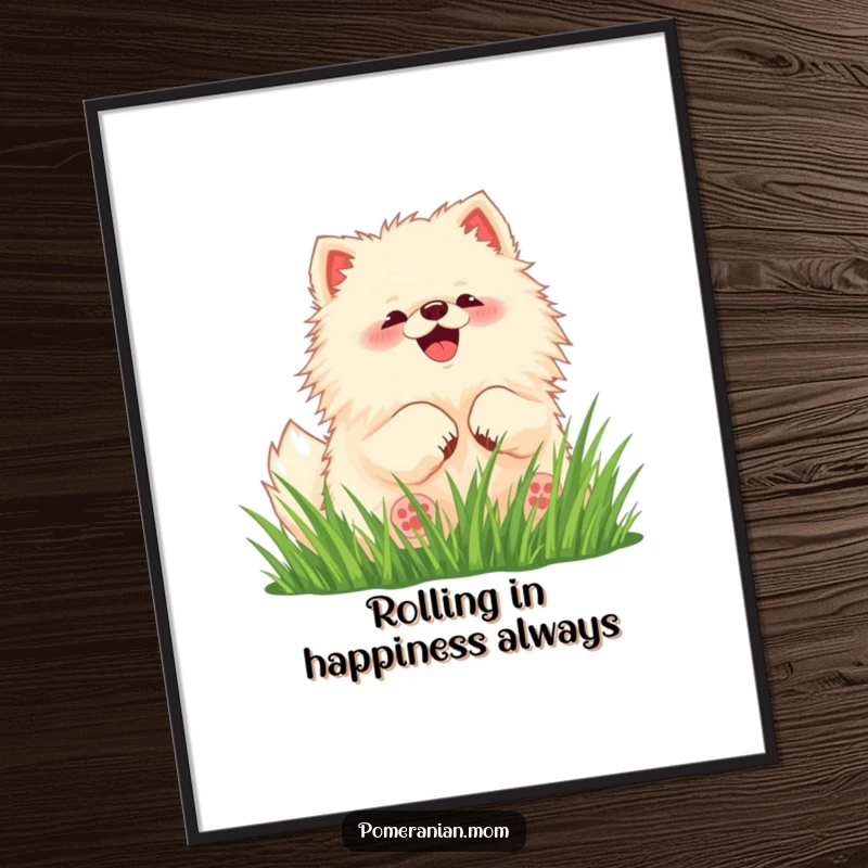 Funny Free Printable Wall Art: Kawaii Pomeranian rolling excitedly in soft grass, pure delight, cute dog, playful, downloadable art