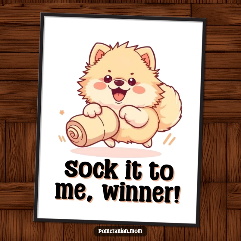 Funny Free Printable Wall Art: Kawaii Pomeranian enthusiastically chasing a rolled-up sock with its entire body, full of glee.
