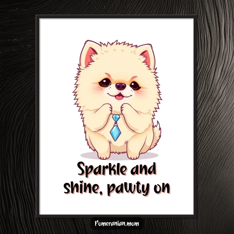 Funny Free Printable wall art featuring a Pomeranian playfully batting at a dangling sparkly charm, a whimsical downloadable image.