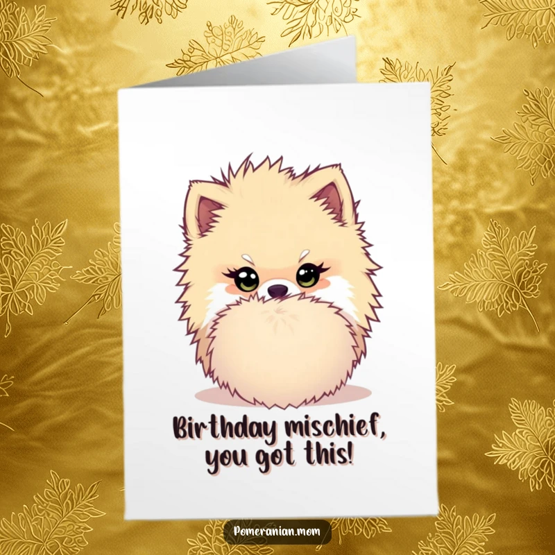 Funny Free Printable Birthday Card: A Kawaii Pomeranian with a mischievous twinkle, peeking from behind a large fluffy pom-pom, ready to surprise.