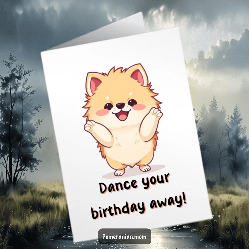 Funny Free Printable Birthday Card: A kawaii Pomeranian joyfully dances with its paws up, celebrating a happy birthday.