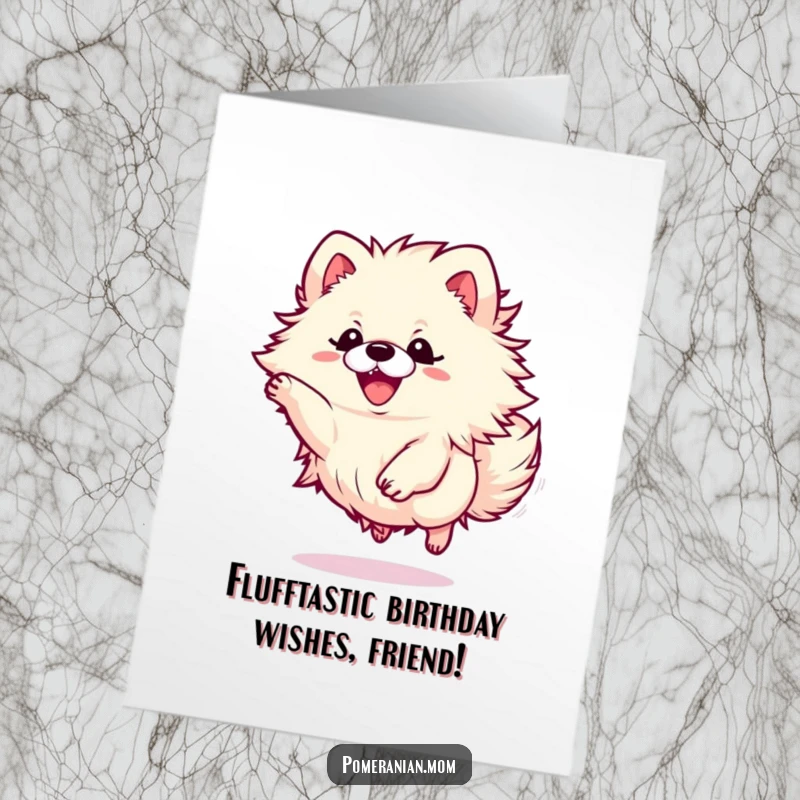Funny Free Printable Birthday Card of a kawaii Pomeranian puppy with a fluffy energy bundle, joyfully leaping with excitement.
